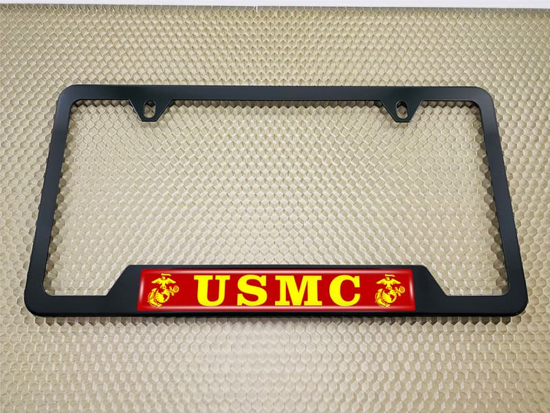 USMC - Eagle, Globe, and Anchor logo - Stainless Steel Black 2-hole Car License Plate Frame